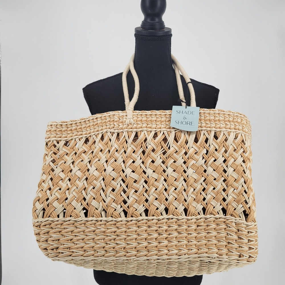 Shade & Shore Woven Straw Tote Bag Natural Cream Beach Handbag Ethically Crafted